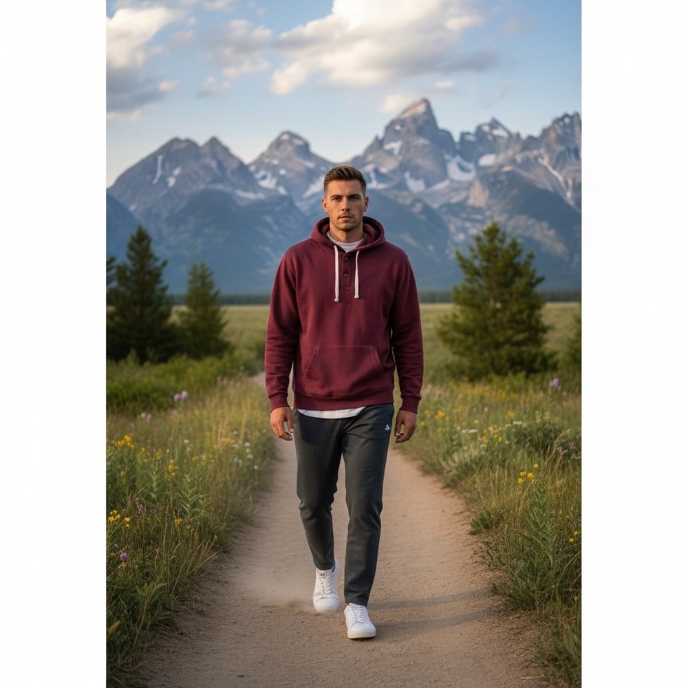 Marine Layer Mens Henley Hoodie Burgundy Maroon Cotton Blend Fleece Large 1563